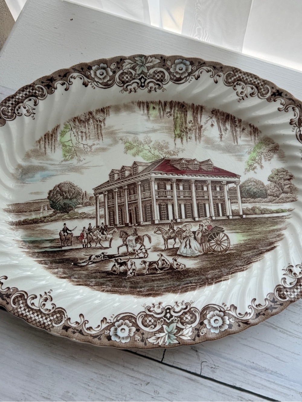 Heritage Brown and Cream Transferware 13” 
Platter with Manor Scene